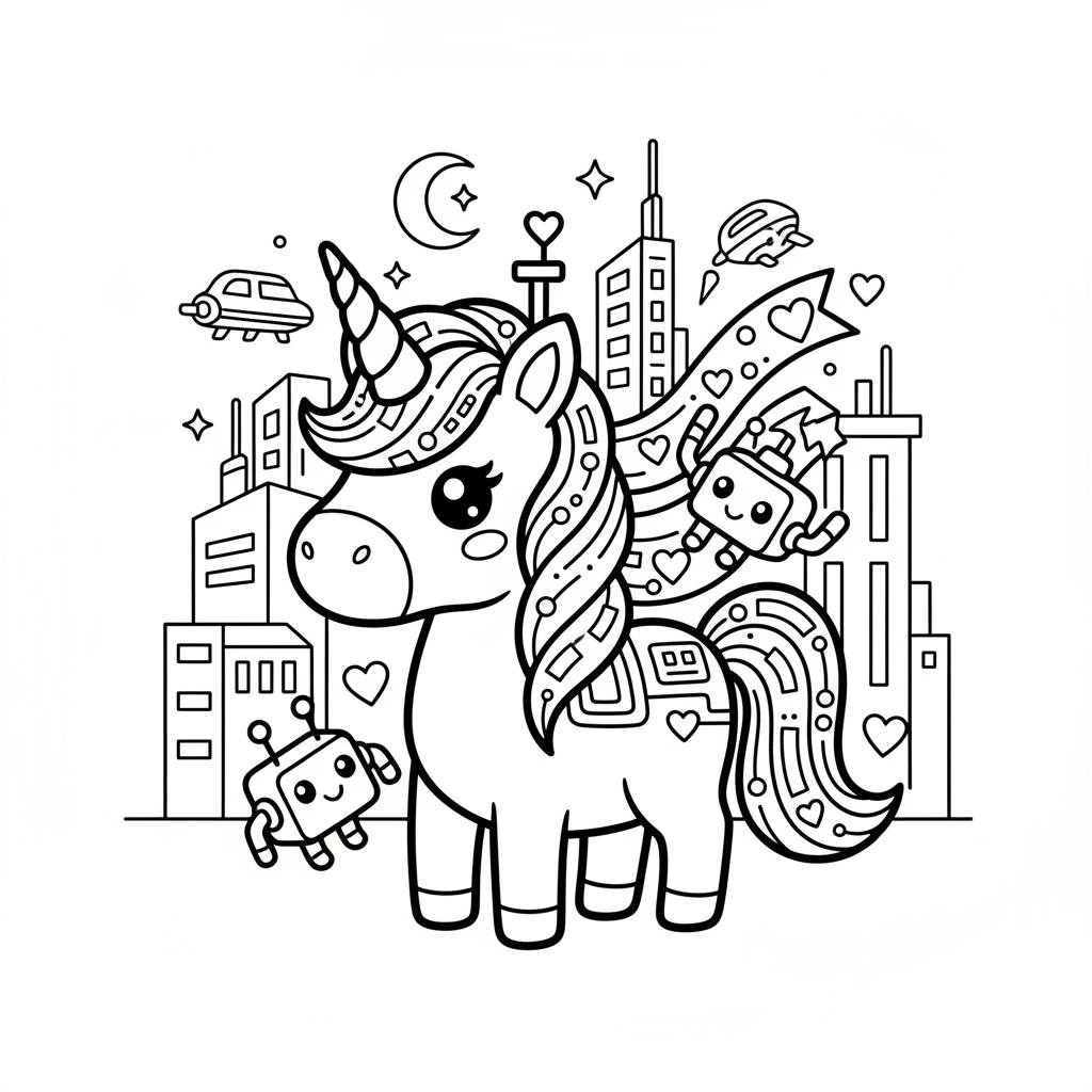 Unicorn coloring page for everyone - Cyberpunk style