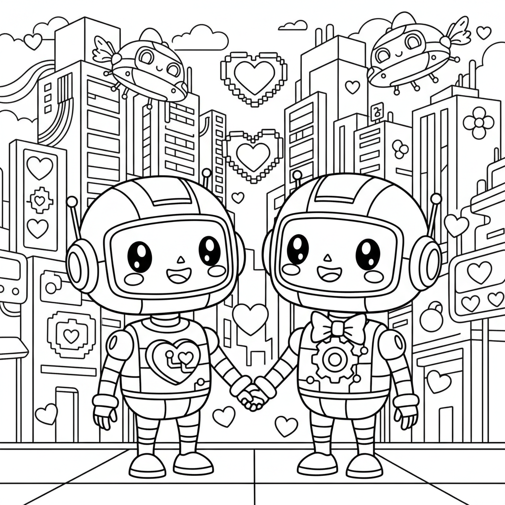 Valentine's Day coloring page for everyone - Cyberpunk style