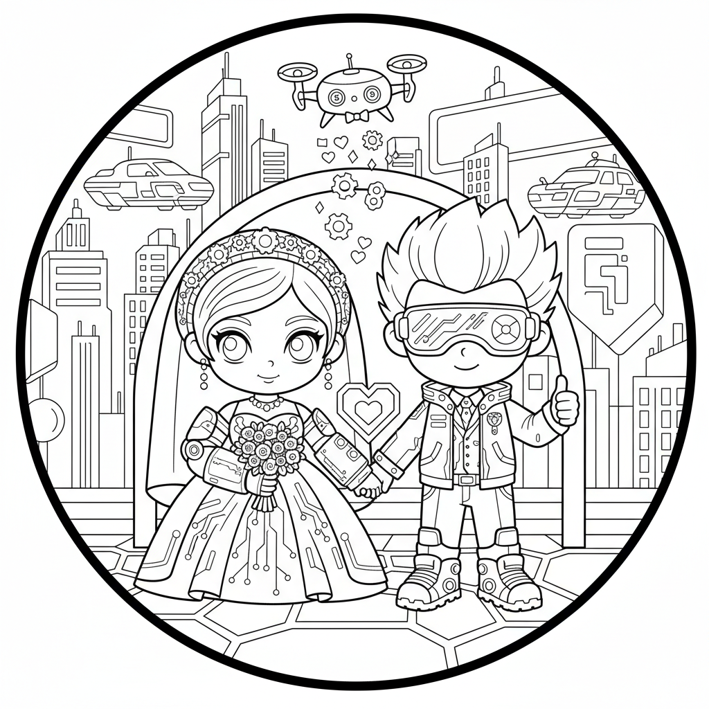 Wedding coloring page for everyone - Cyberpunk style