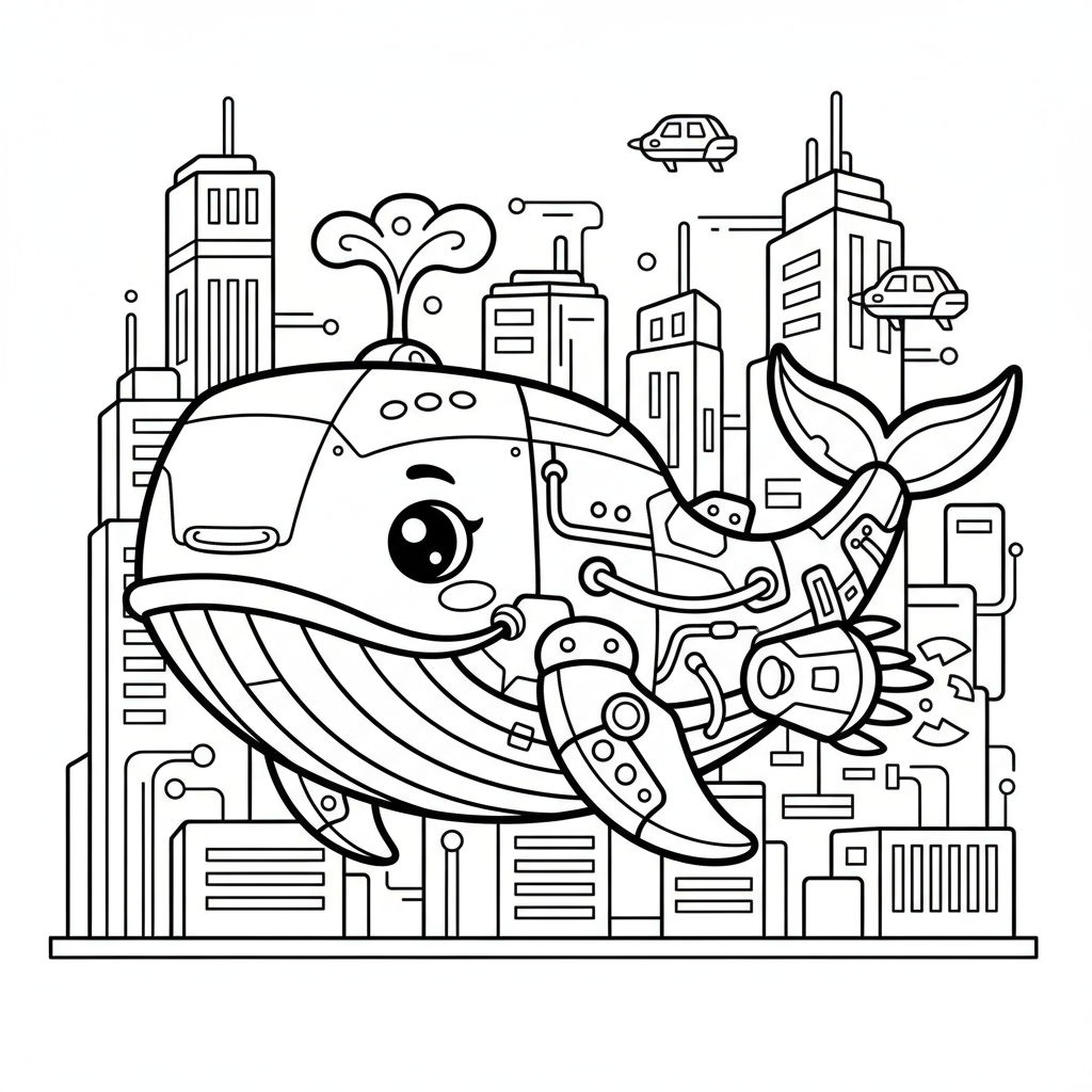 Whale coloring page for everyone - Cyberpunk style