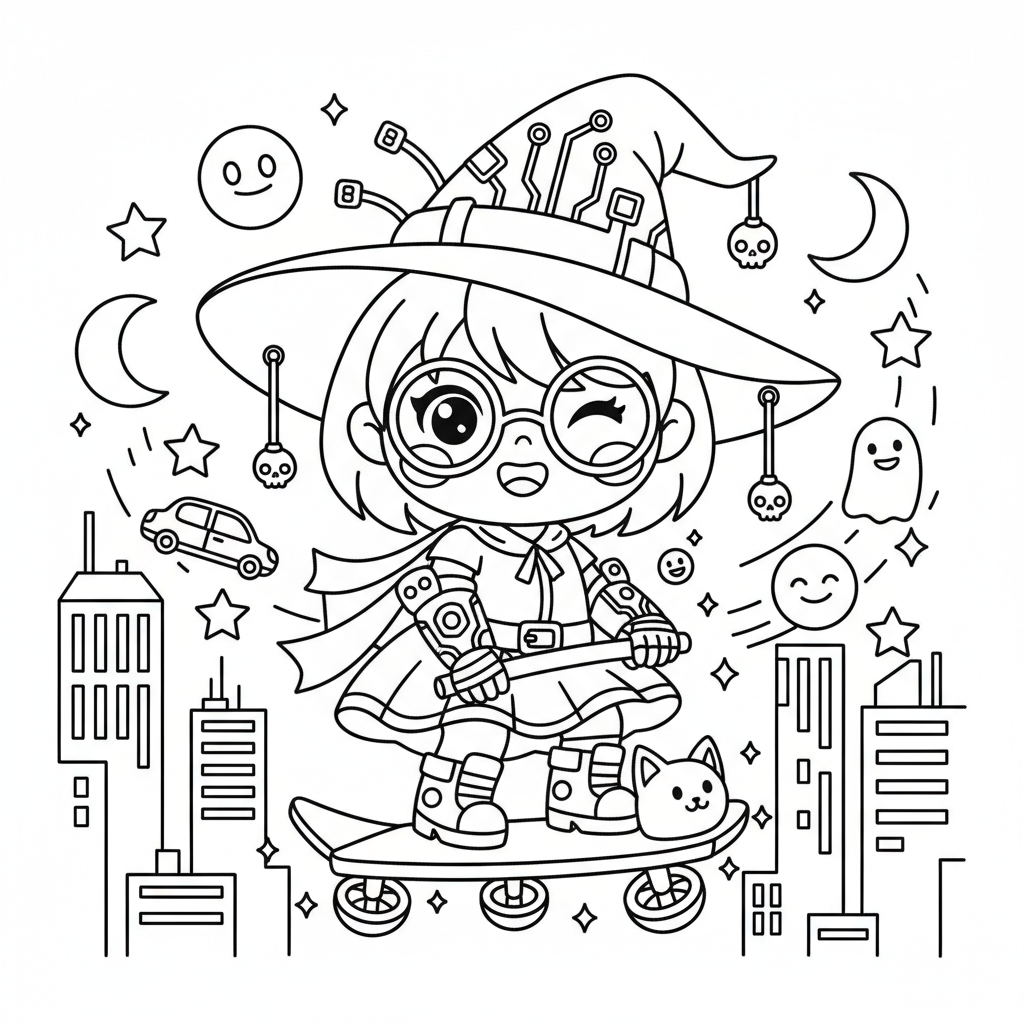 Witch coloring page for everyone - Cyberpunk style