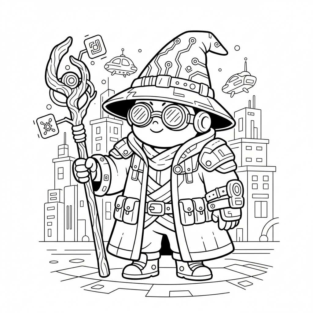 Wizard coloring page for everyone - Cyberpunk style