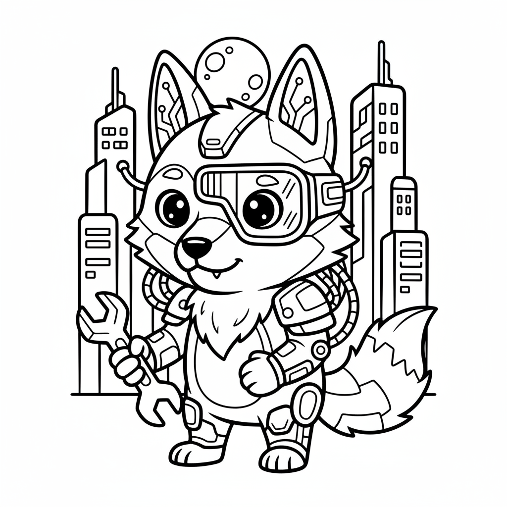 Wolf coloring page for everyone - Cyberpunk style