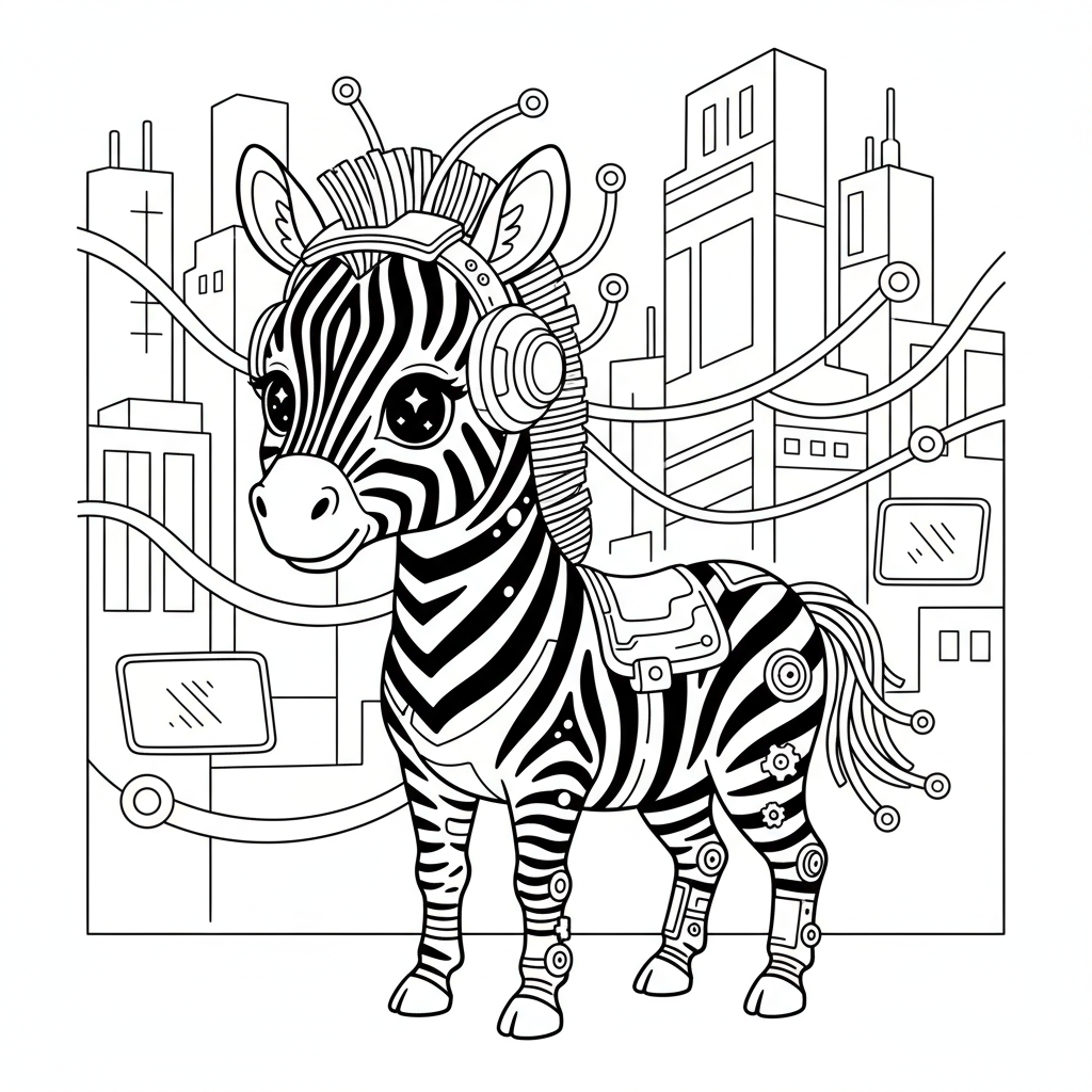 Zebra coloring page for everyone - Cyberpunk style