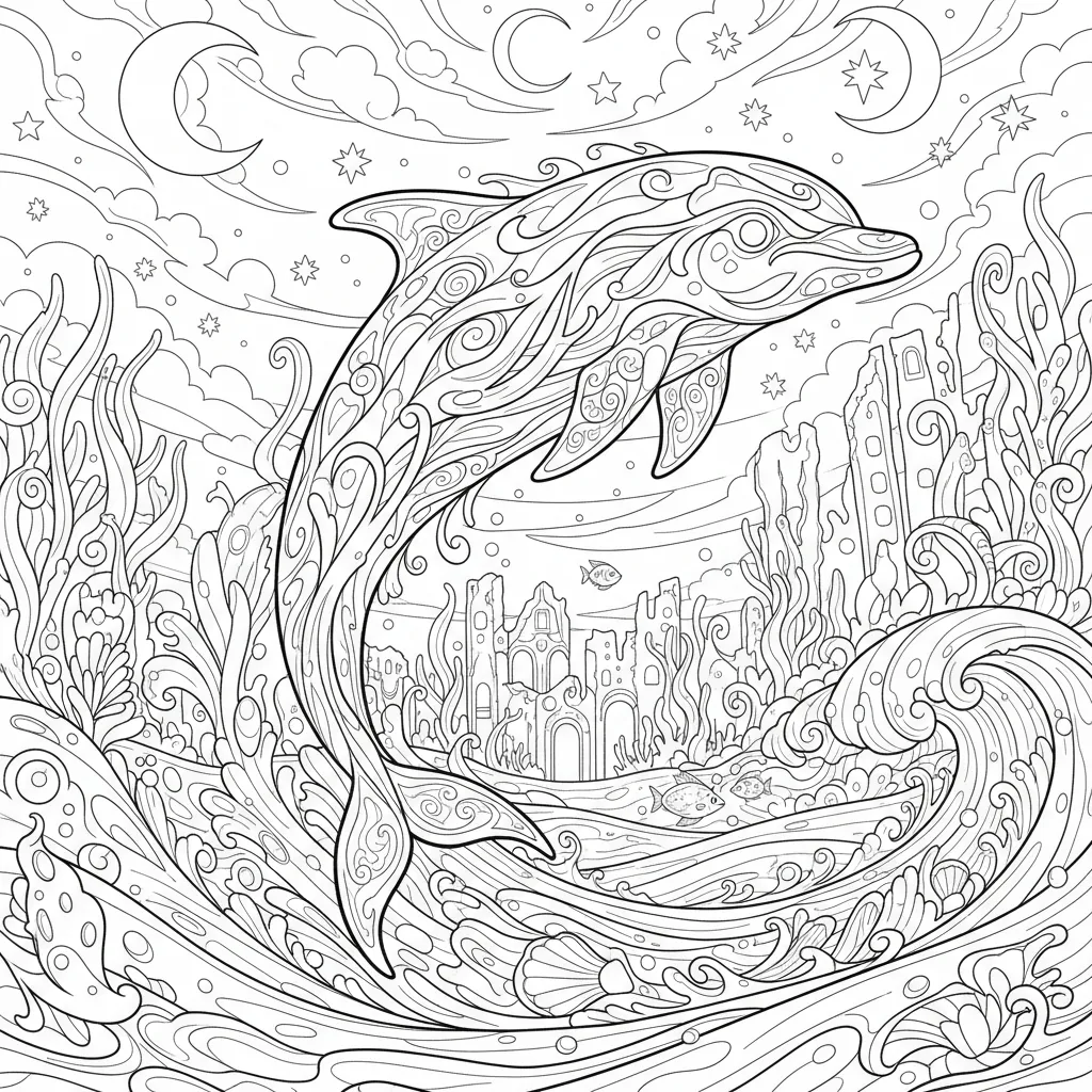 Dolphin coloring page for experts - Standard style