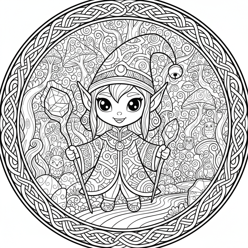 Elf coloring page for experts - Standard style