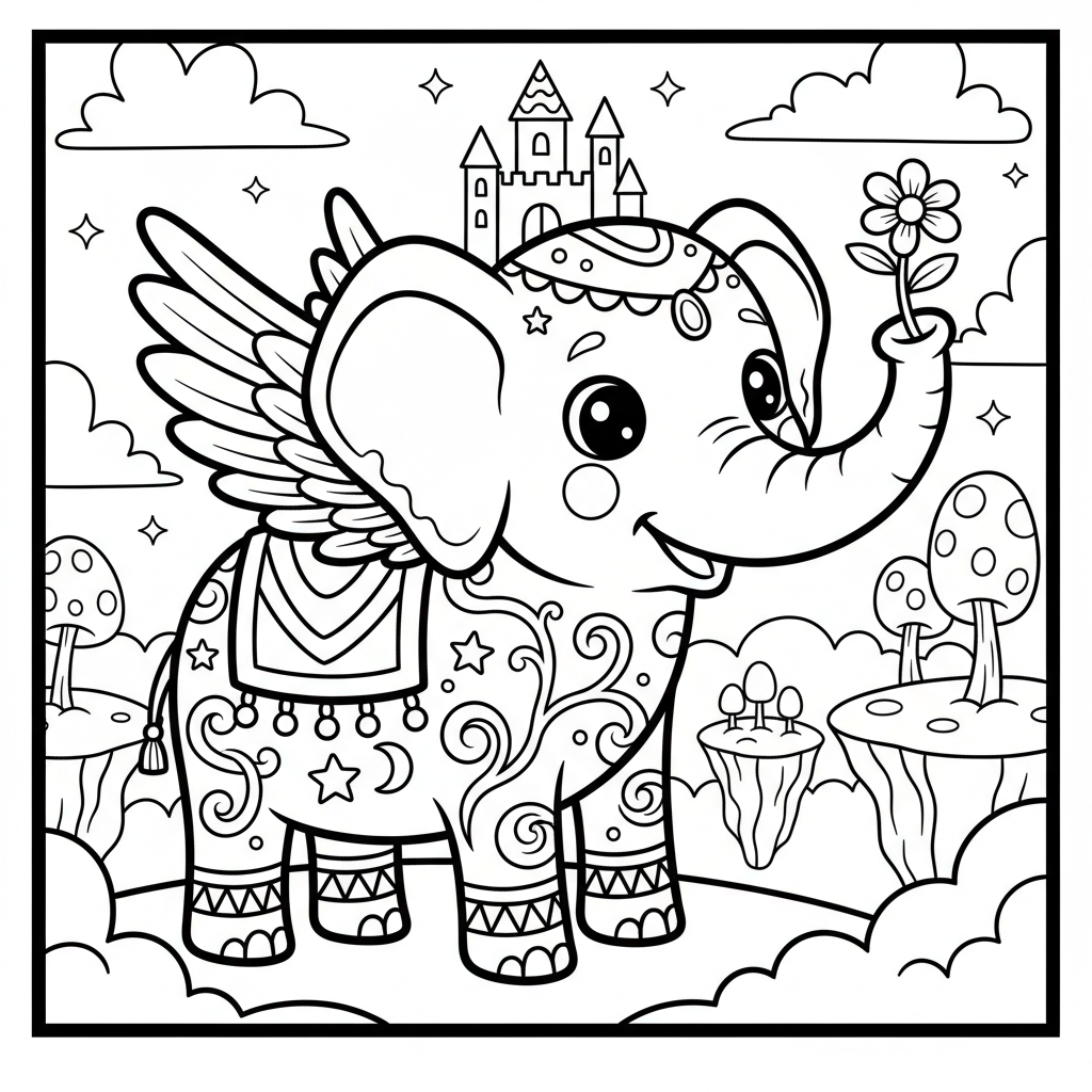 Elephant coloring page for everyone - Fantasy style