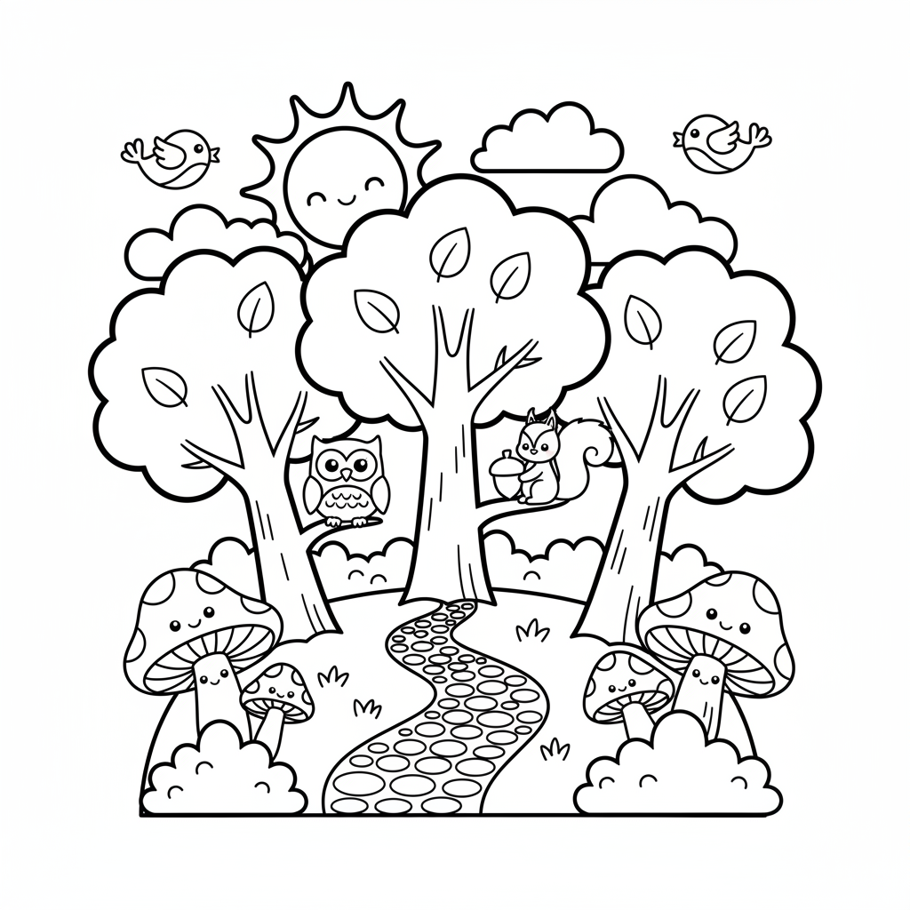 Free printable Forest coloring page for Kindergarteners. High-quality black and white coloring sheet designed for Kindergarteners. Perfect for creativity and fun.