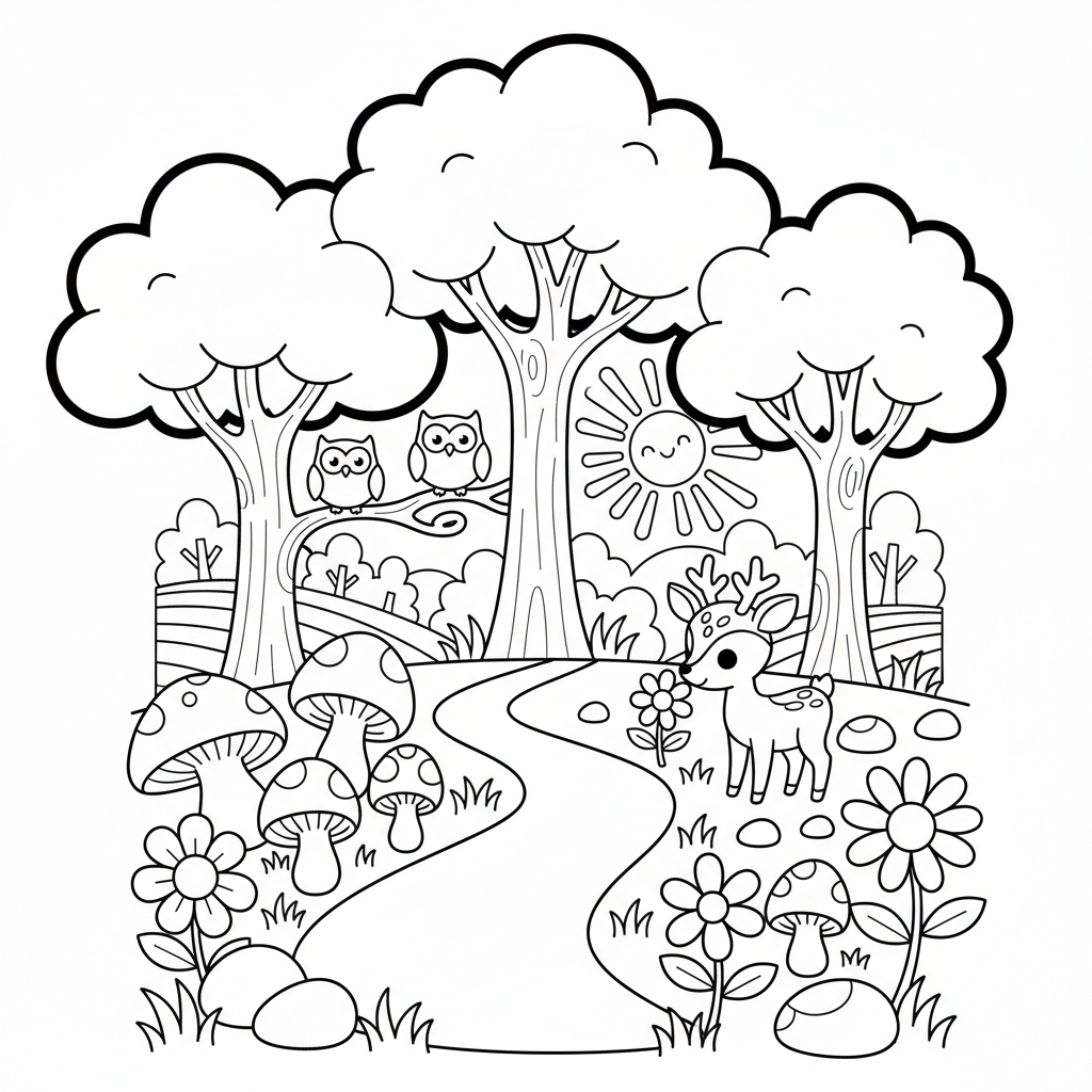 Free printable Forest coloring page for Seniors. High-quality black and white coloring sheet designed for Seniors. Perfect for creativity and fun.