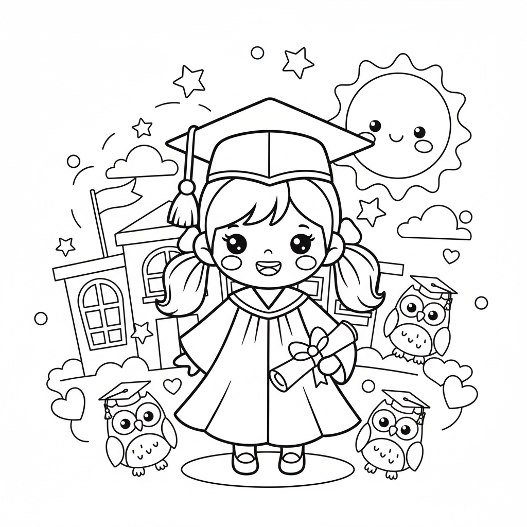 Graduation coloring page for girls - Standard style