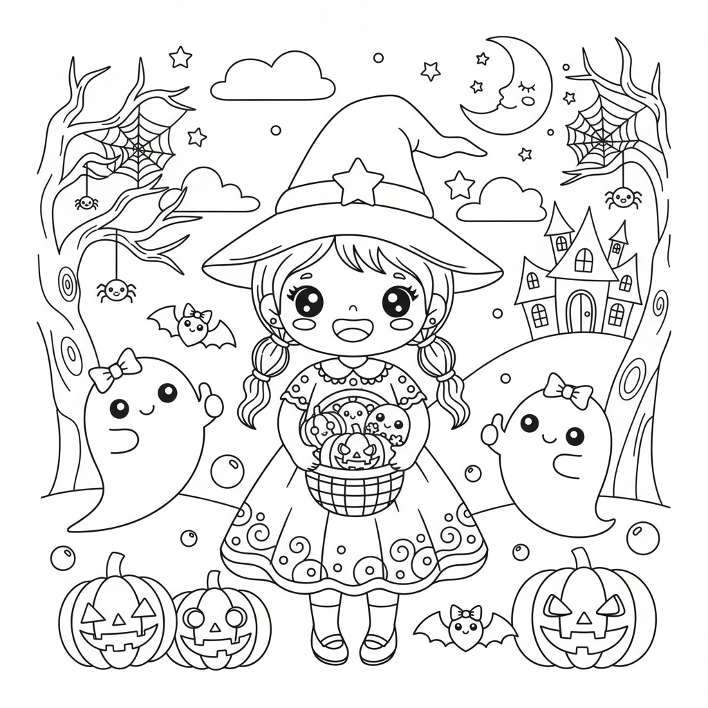 Halloween coloring page for girls - Standard style