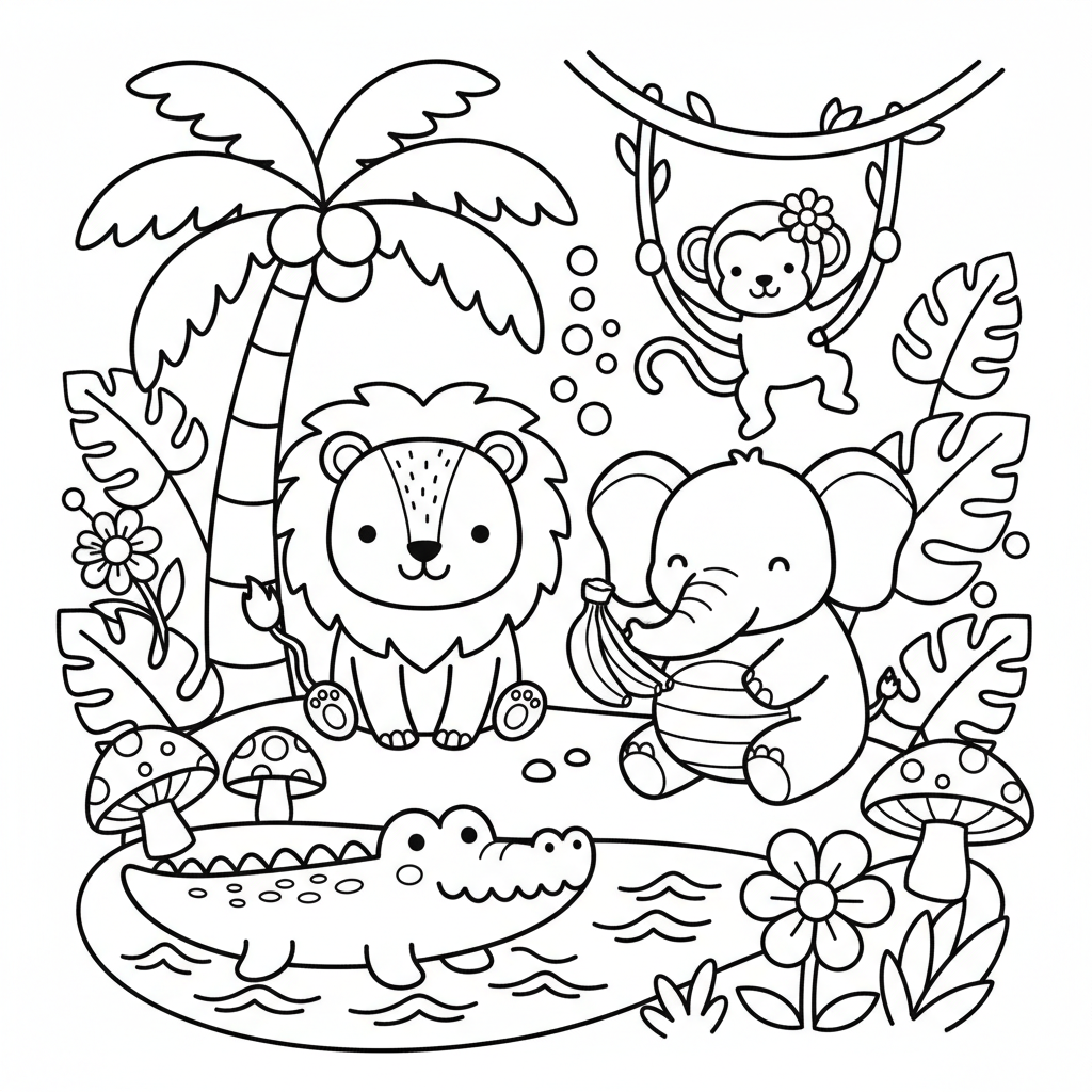 Jungle coloring page for seniors - Standard style