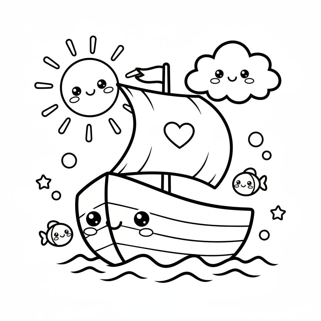 Boat coloring page for everyone - Kawaii style