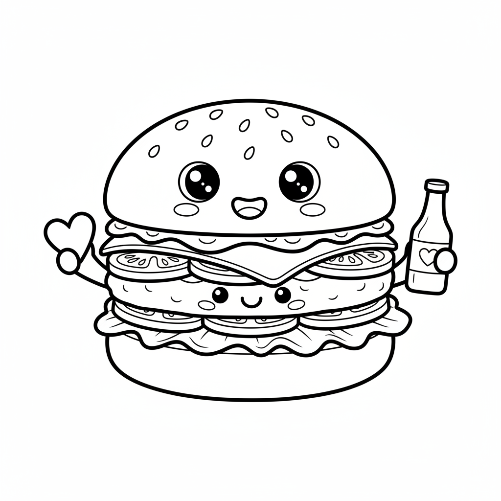 Burger coloring page for everyone - Kawaii style