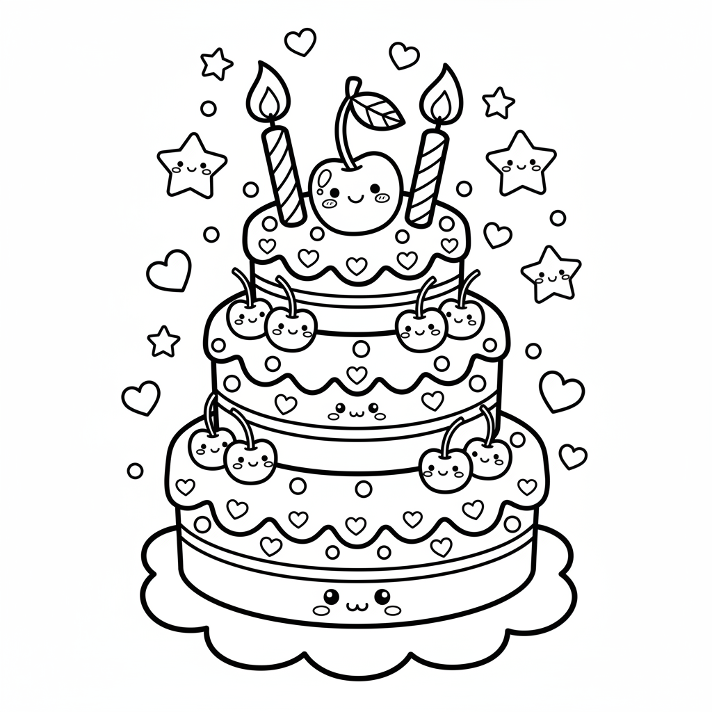 Cake coloring page for everyone - Kawaii style