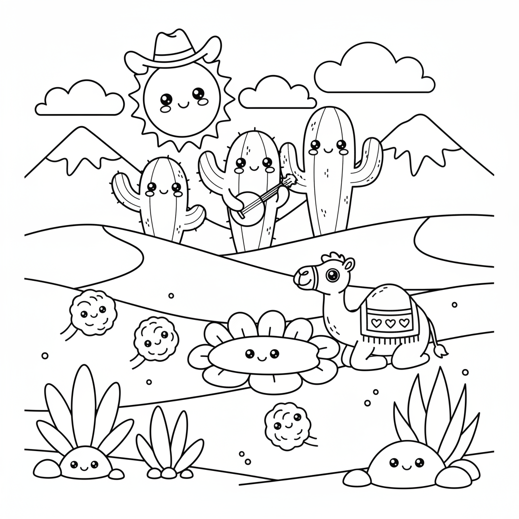 Desert coloring page for everyone - Kawaii style