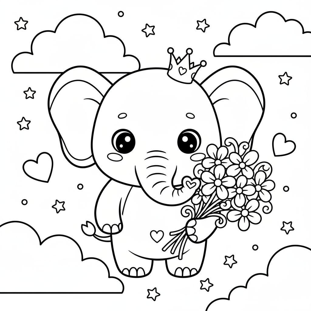 Elephant coloring page for everyone - Kawaii style