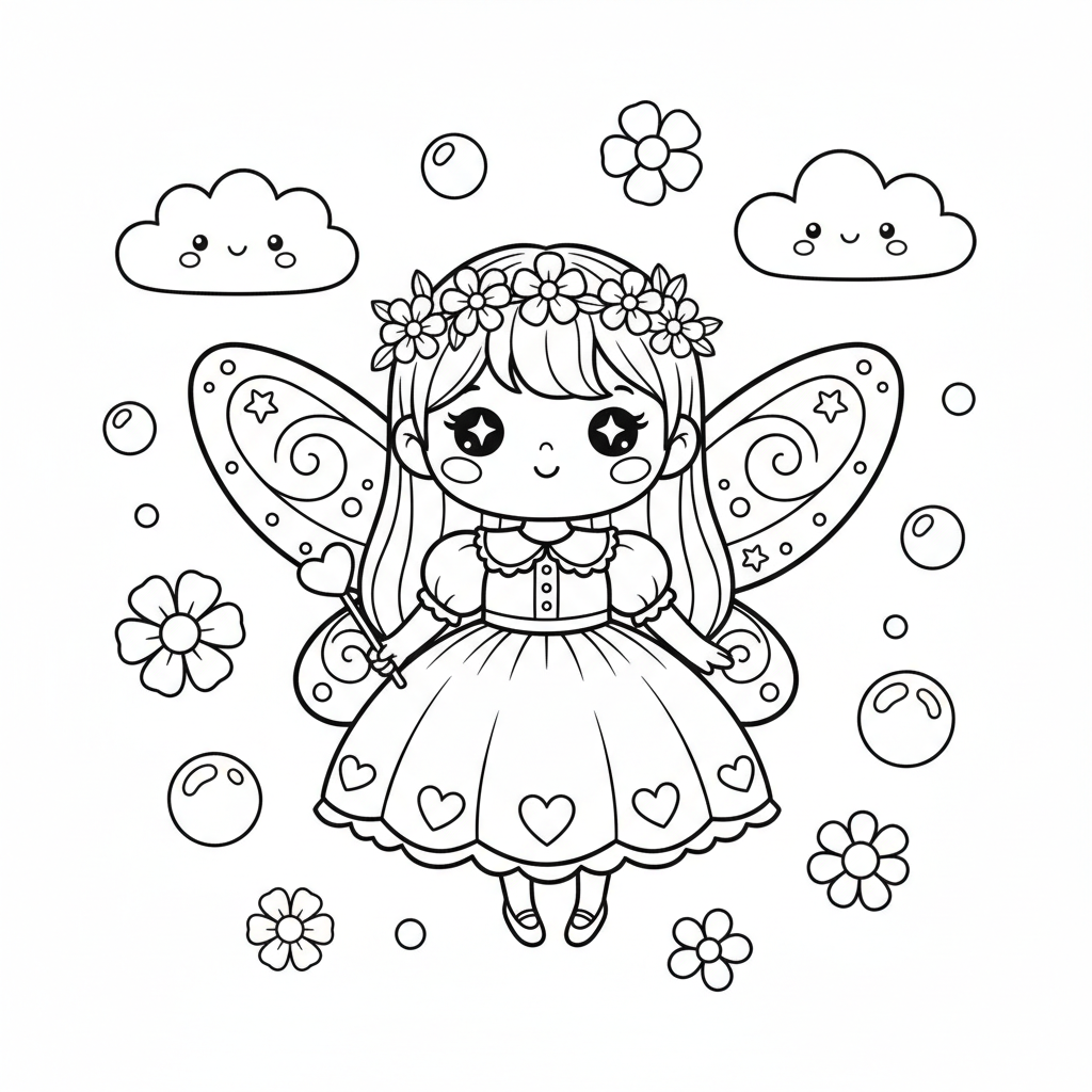 Fairy coloring page for everyone - Kawaii style