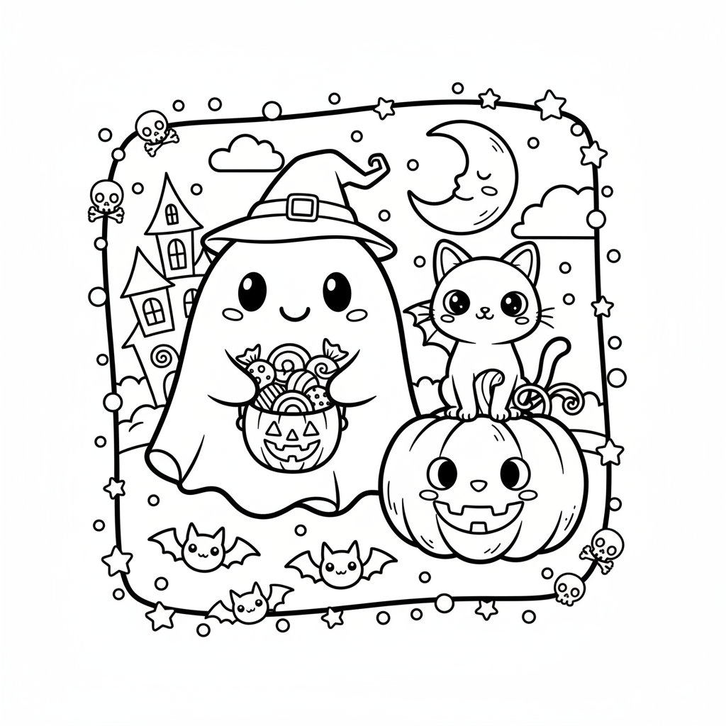Halloween coloring page for everyone - Kawaii style