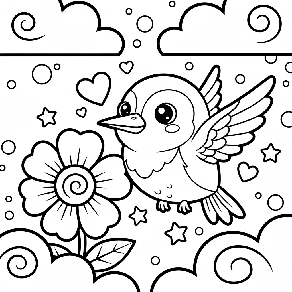 Hummingbird coloring page for everyone - Kawaii style