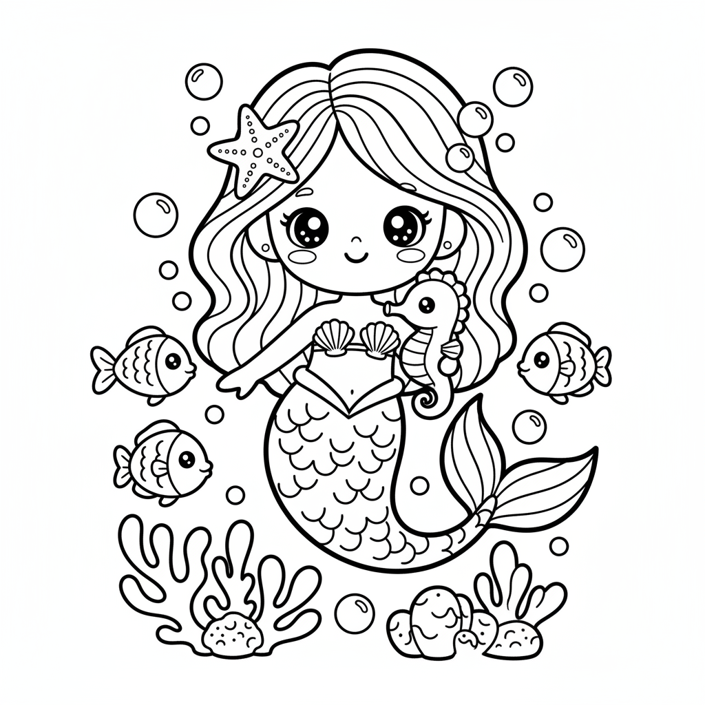 Mermaid coloring page for everyone - Kawaii style
