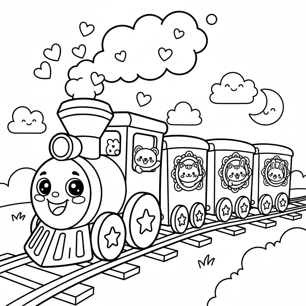 Train coloring page for everyone - Kawaii style