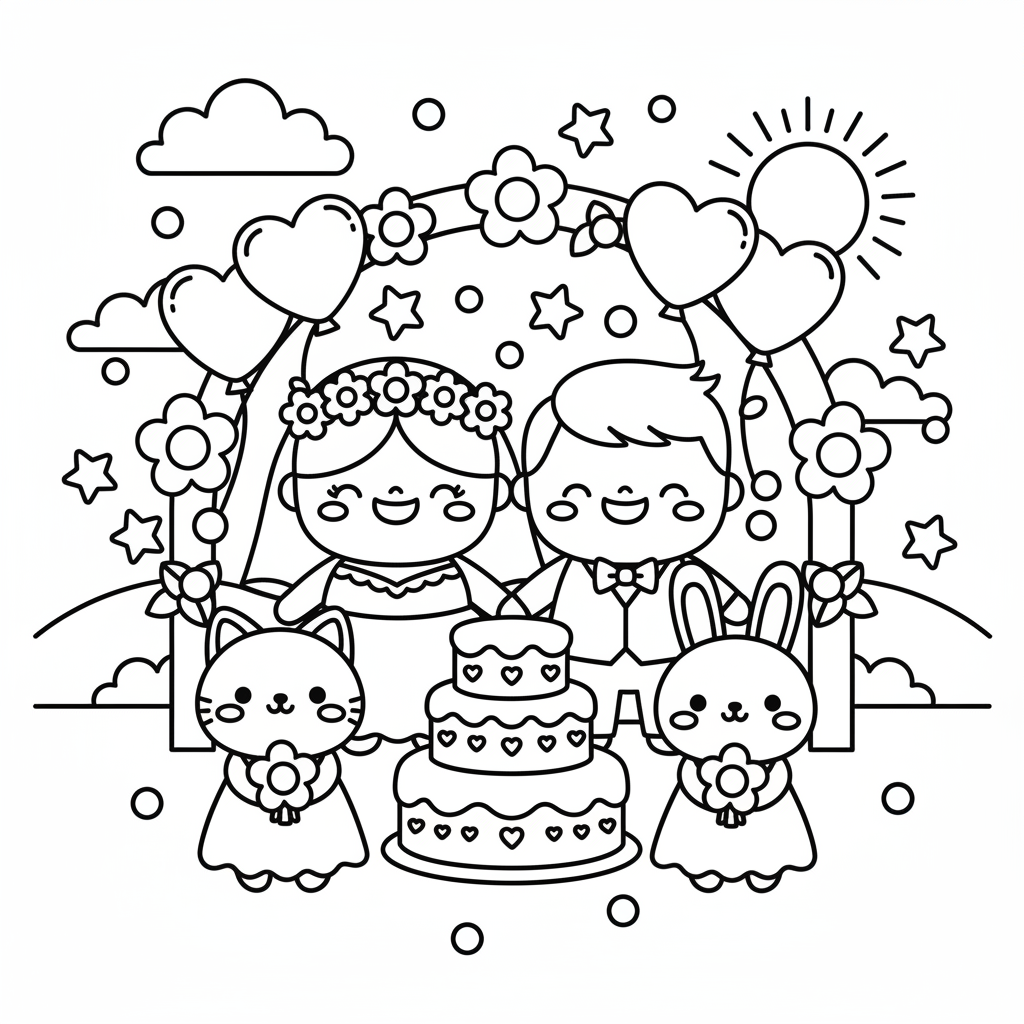 Wedding coloring page for everyone - Kawaii style