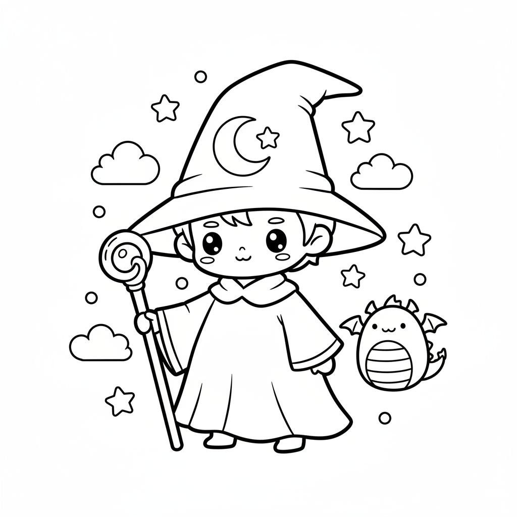 Wizard coloring page for everyone - Kawaii style
