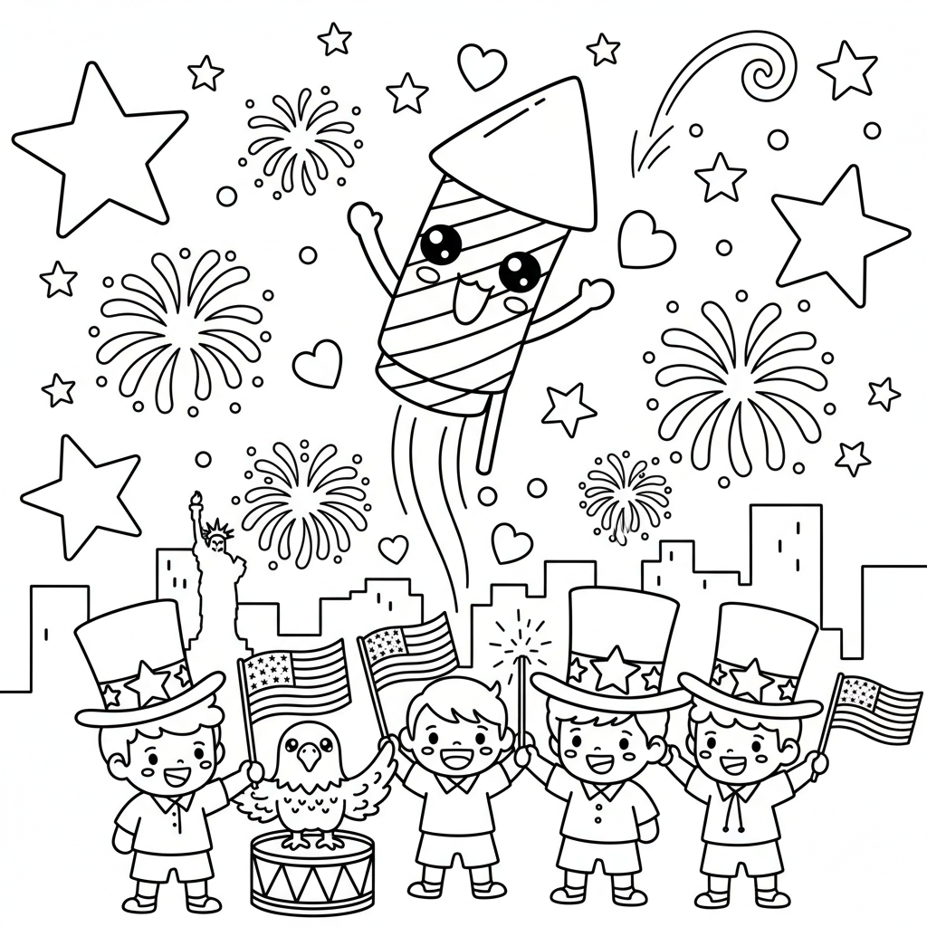 Fourth of July coloring page for everyone - Manga style