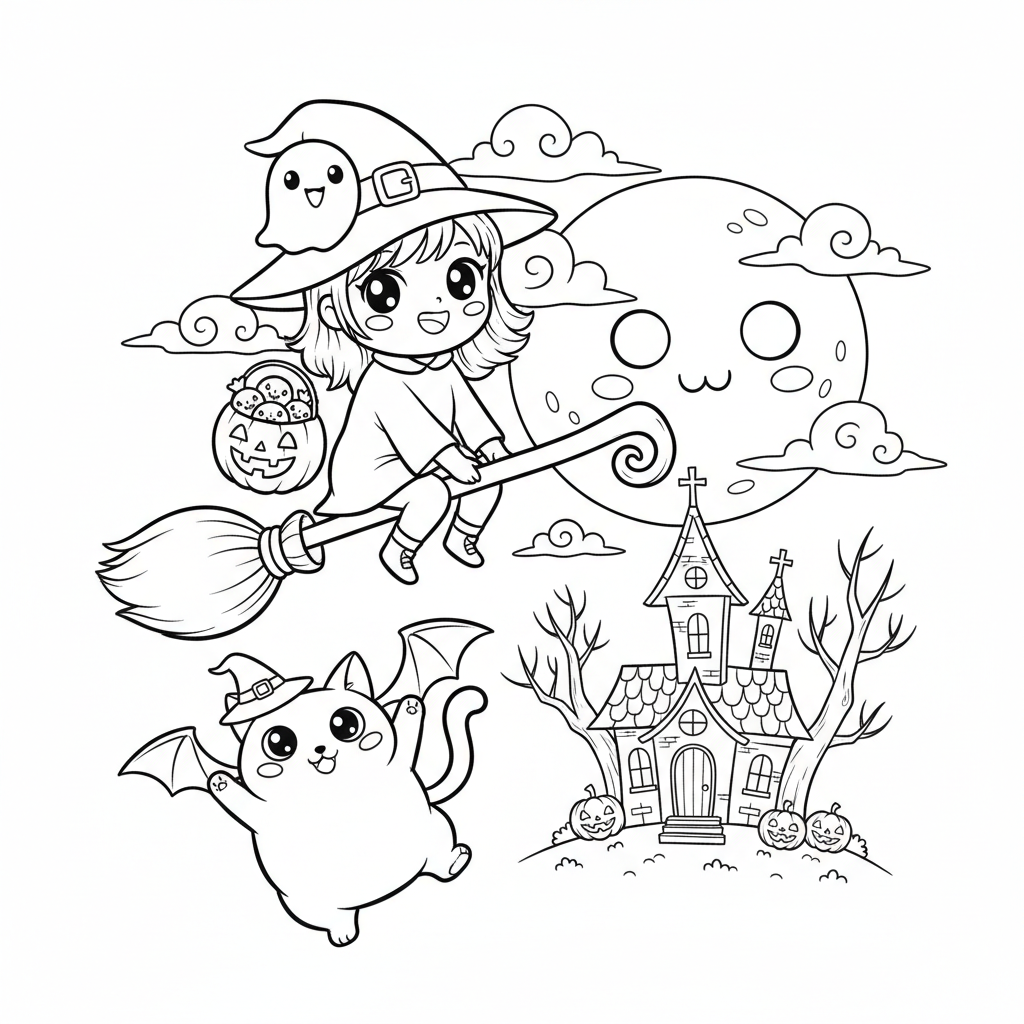 Halloween coloring page for everyone - Manga style