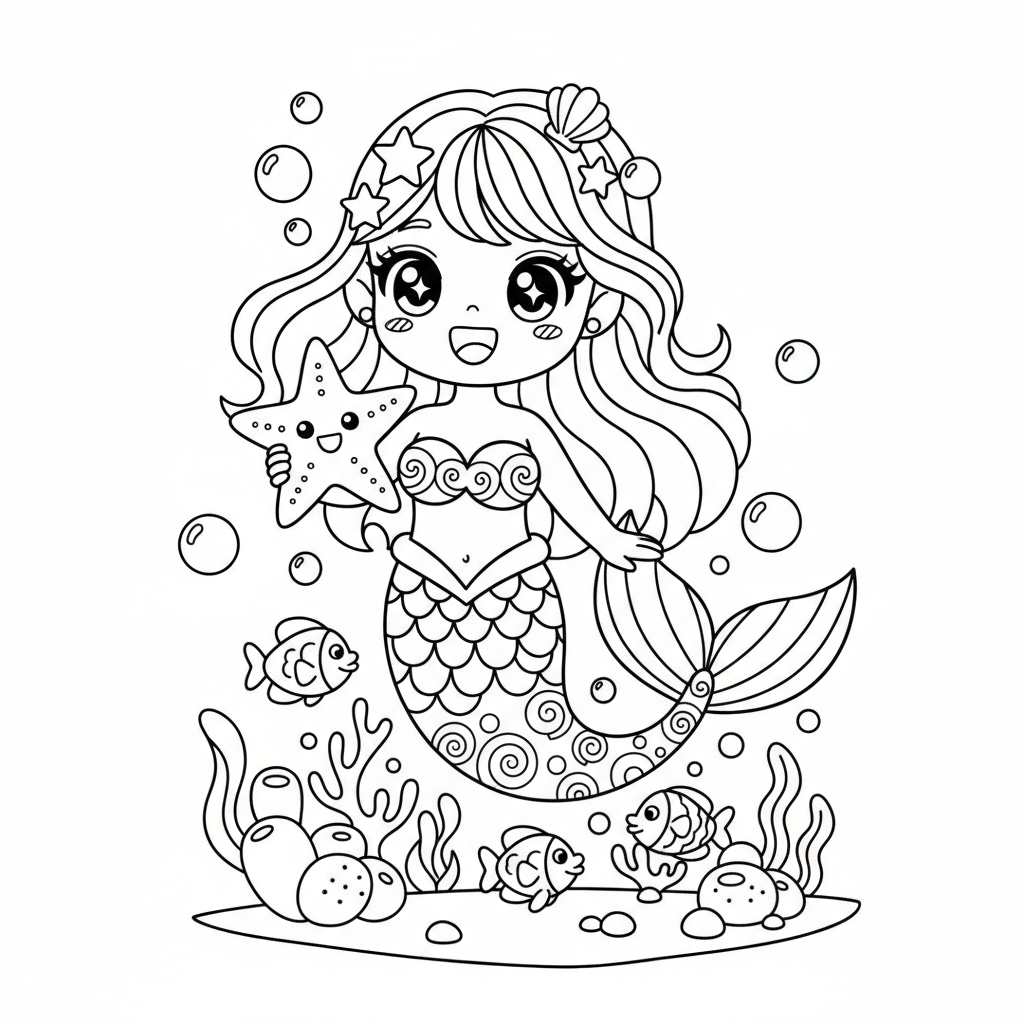 Mermaid coloring page for everyone - Manga style