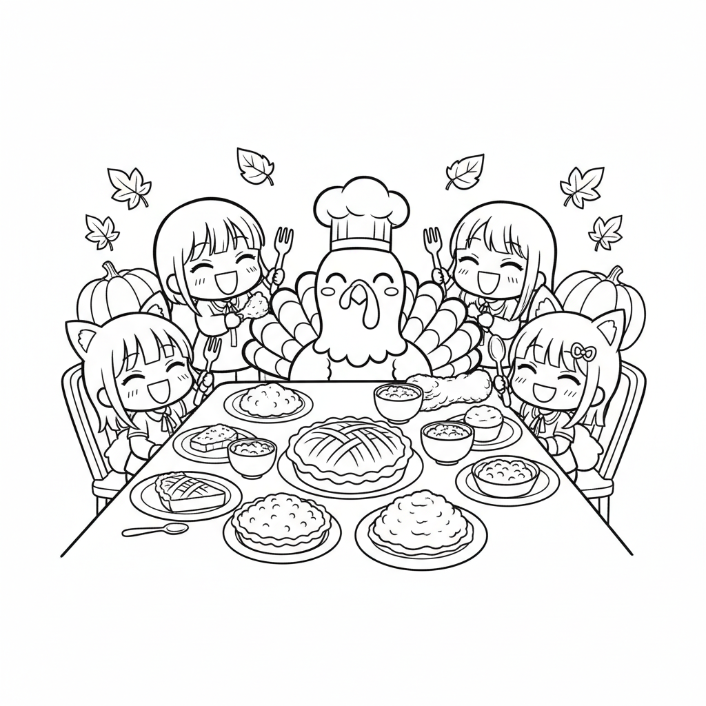 Thanksgiving coloring page for everyone - Manga style