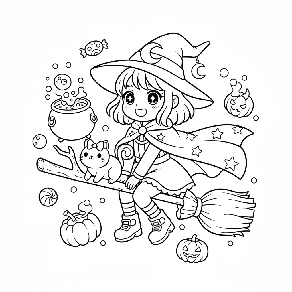 Free printable Witch coloring page for Everyone. High-quality black and white coloring sheet designed for Everyone. Perfect for creativity and fun.