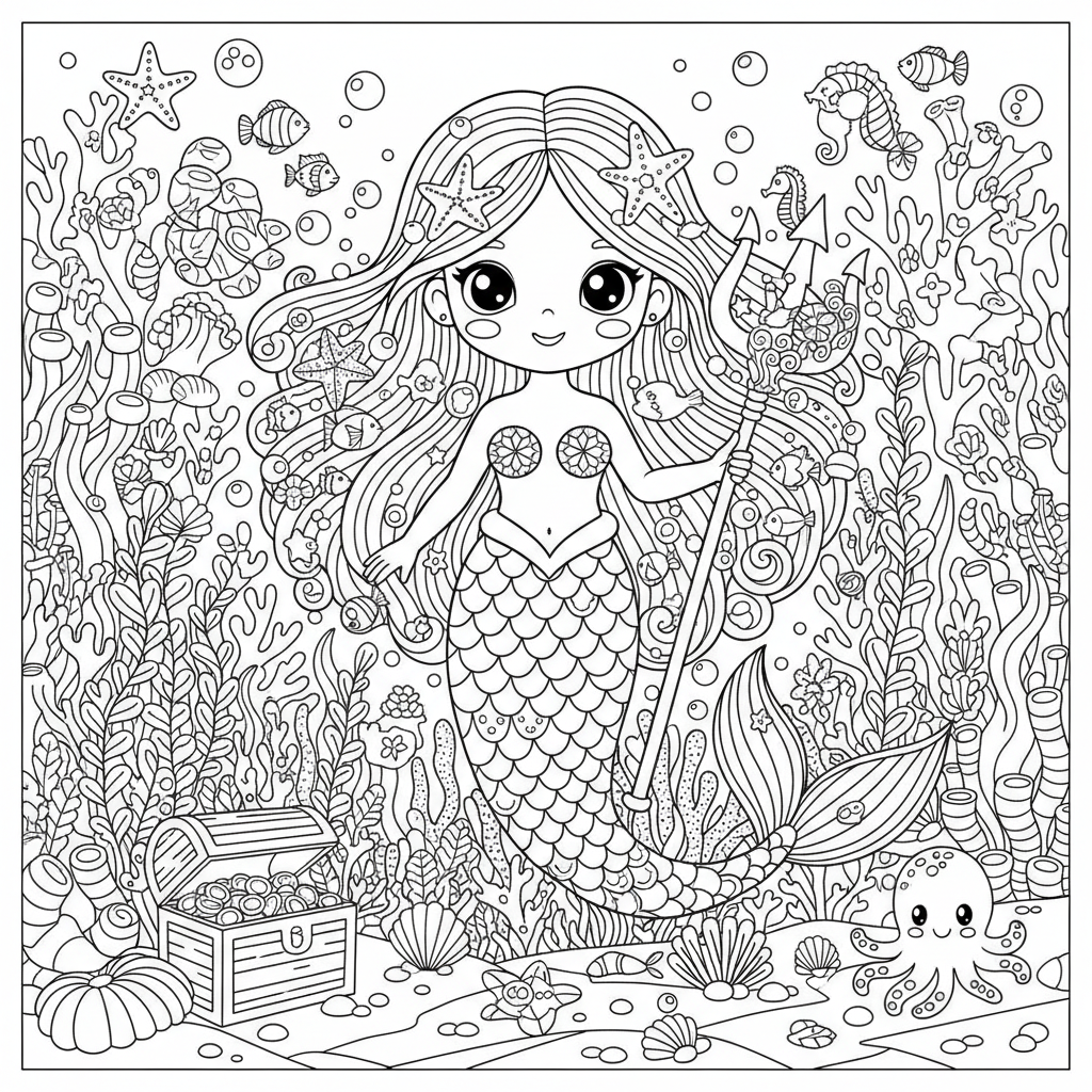 Mermaid coloring page for experts - Standard style