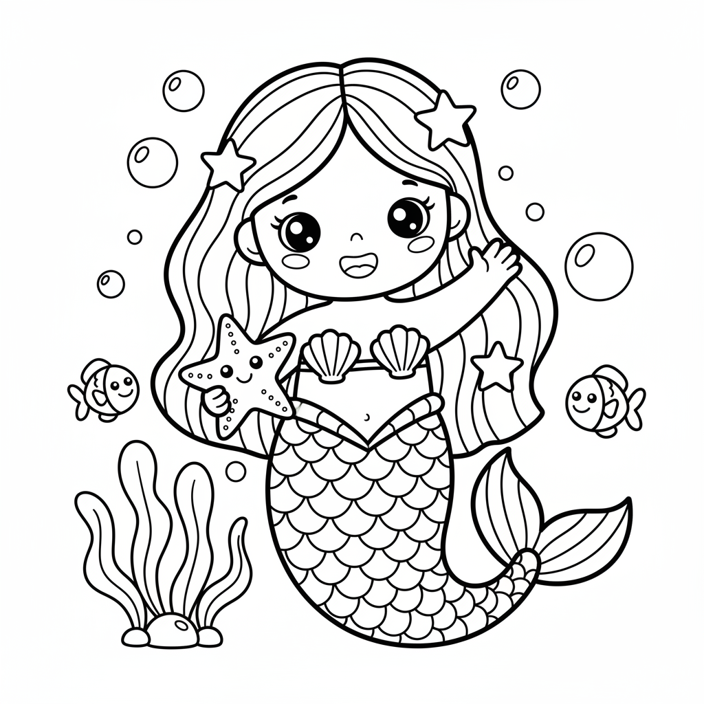 Mermaid coloring page for preschoolers - Standard style