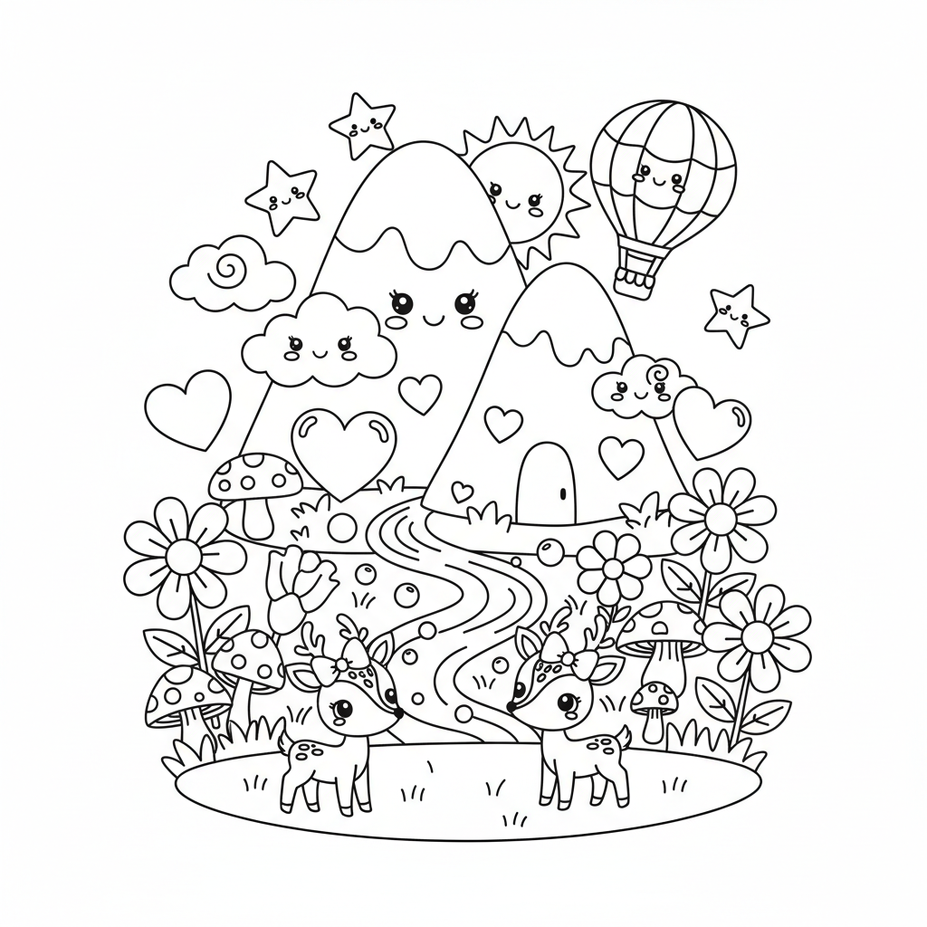 Free printable Mountain coloring page for Girls. High-quality black and white coloring sheet designed for Girls. Perfect for creativity and fun.