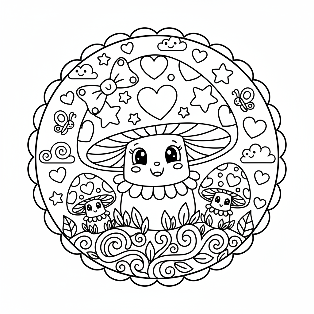 Free printable Mushroom coloring page for Girls. High-quality black and white coloring sheet designed for Girls. Perfect for creativity and fun.