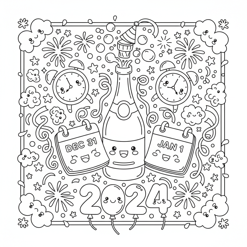New Year's Eve coloring page for adults - Standard style