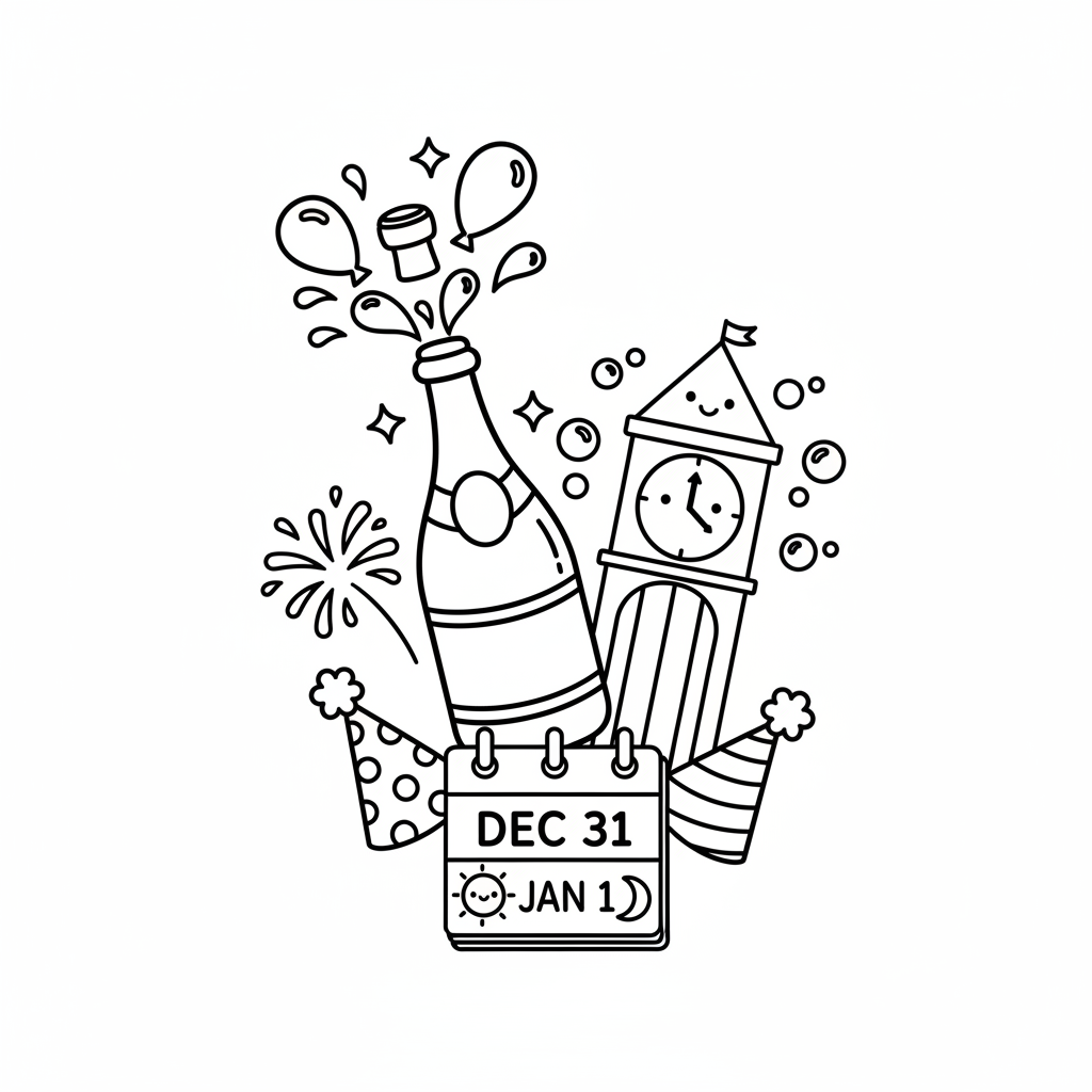 New Year's Eve coloring page for beginners - Standard style