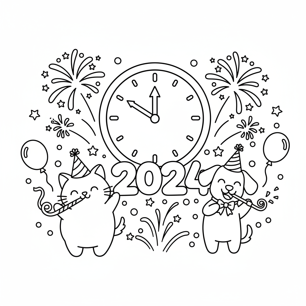 New Year's Eve coloring page for kids - Standard style