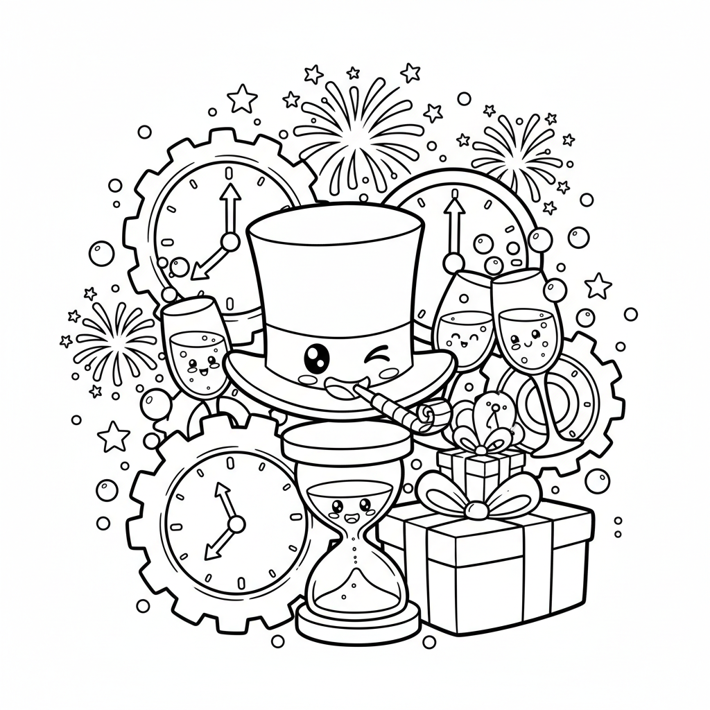 Free printable New Year's Eve coloring page for Men. High-quality black and white coloring sheet designed for Men. Perfect for creativity and fun.