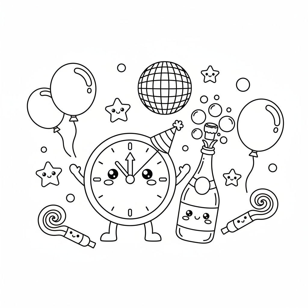New Year's Eve coloring page for preschoolers - Standard style