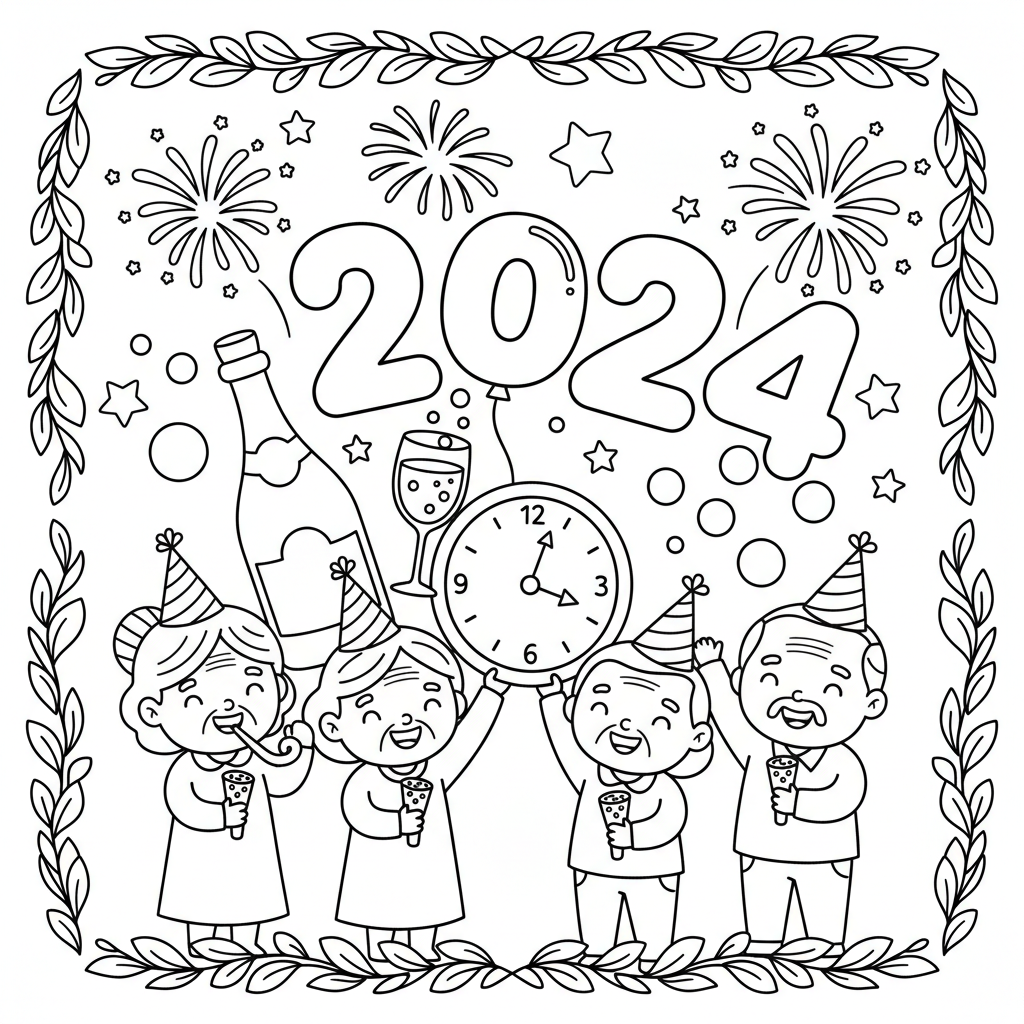 New Year's Eve coloring page for seniors - Standard style