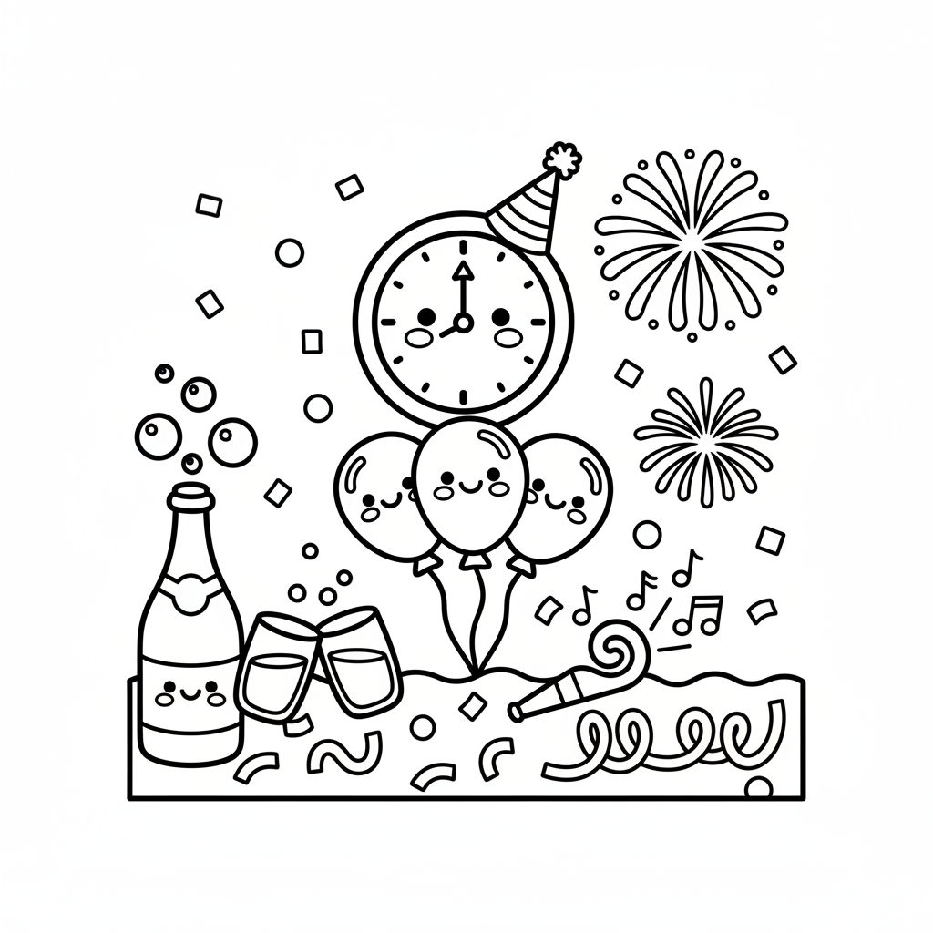 New Year's Eve coloring page for toddlers - Standard style