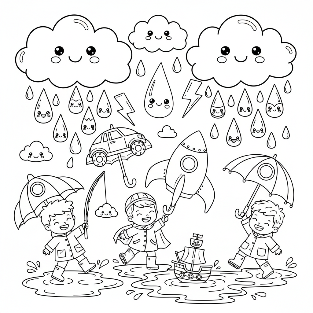 Rain coloring page for boys - Standard style