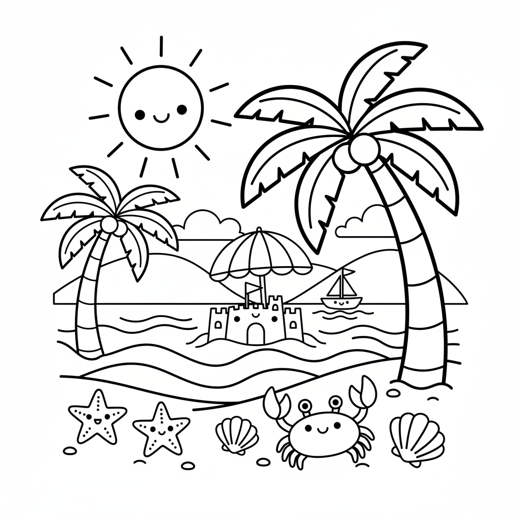 Beach coloring page for everyone - Realistic style
