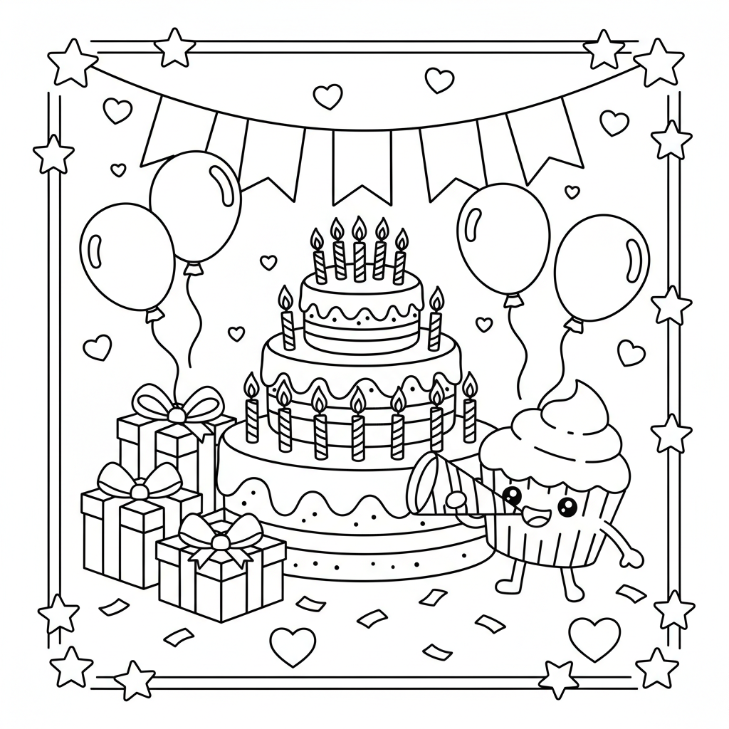 Birthday coloring page for everyone - Realistic style