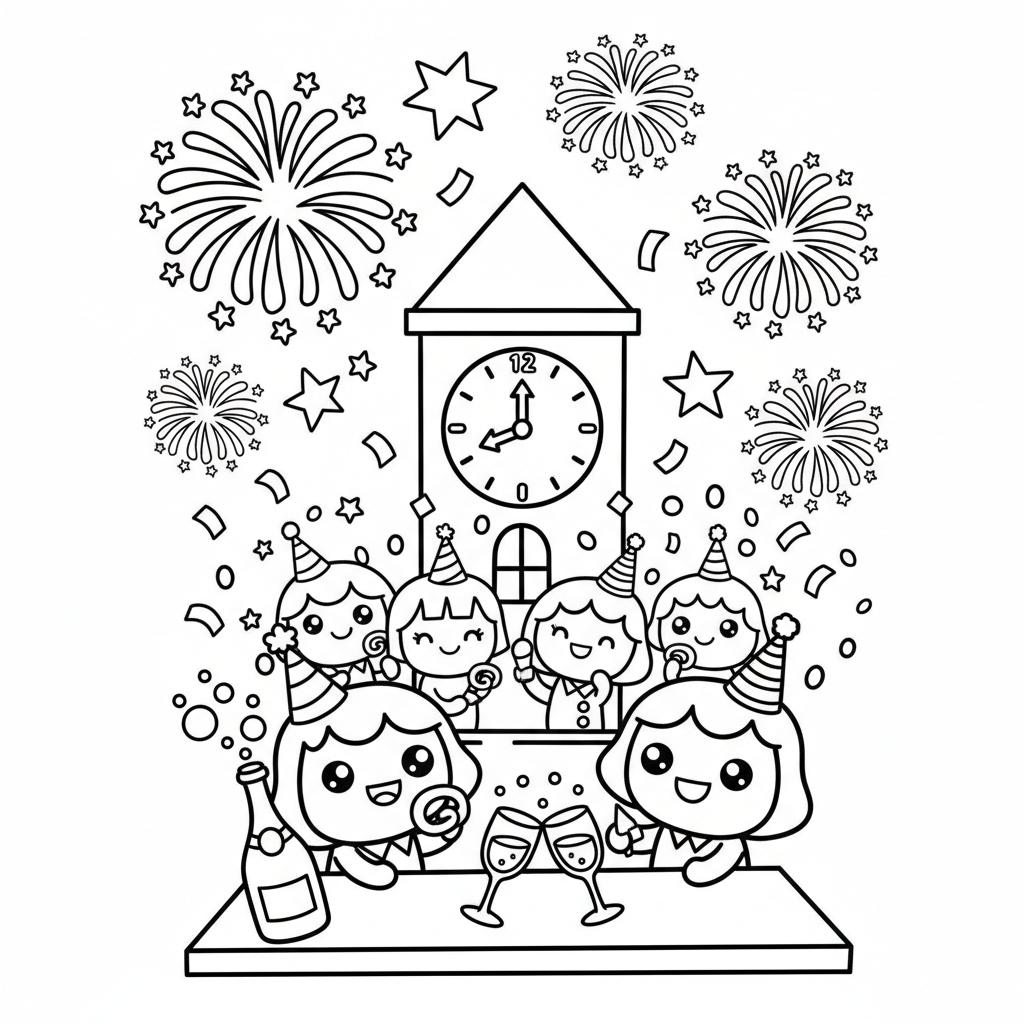 New Year's Eve coloring page for everyone - Realistic style