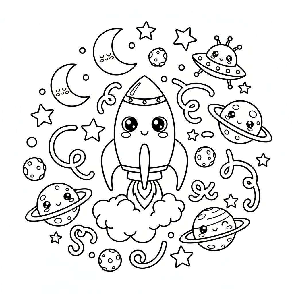 Space coloring page for beginners - Standard style