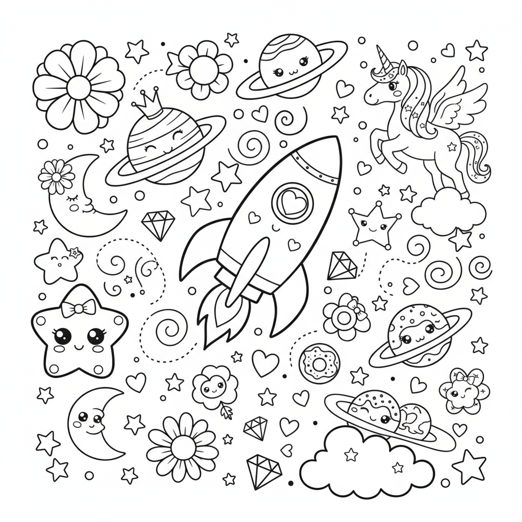 Free printable Space coloring page for Girls. High-quality black and white coloring sheet designed for Girls. Perfect for creativity and fun.